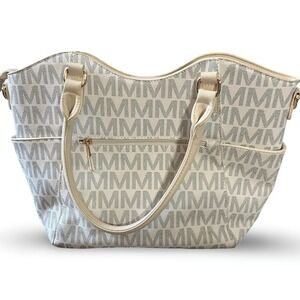 Mia K Collection Cream Monogram Satchel Handbag Crossbody Strap Gold Hardware